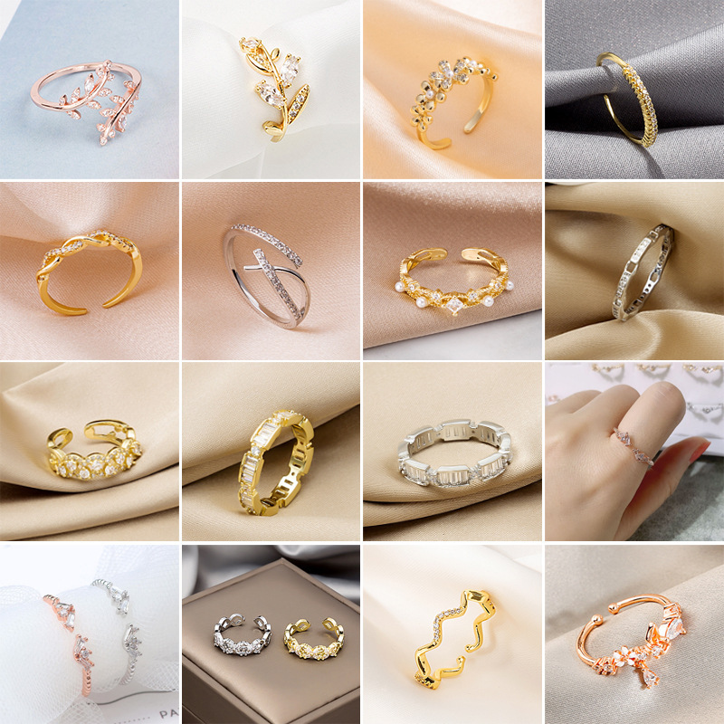 Ring Collection Micro-inlaid Zircon Exquisite Narrow Ring Tide Electroplated Color-matching Creative Leaf Ring Without Falling