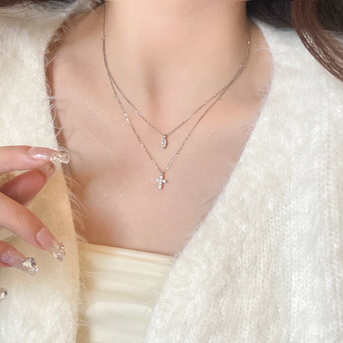 Modern Style Cross Sterling Silver Zircon Double Layer Necklaces In Bulk display picture 1