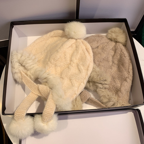 Ladies' Winter Versatile Rabbit Fur Ear Protection Knitted Lei Feng Hat, Sweet and Cute, Thick Plush Knit, Warm and Cozy Hat