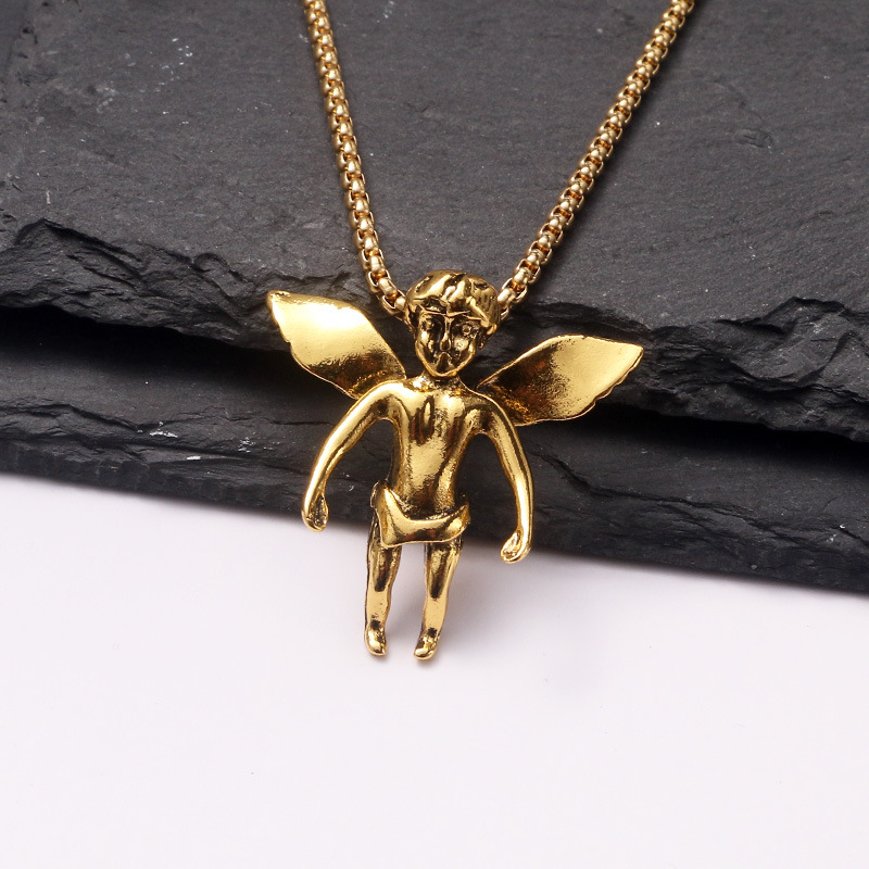 Vintage roestvrijstalen ketting groothandel hiphop engelenvleugels legering hanger trui ketting_voghion.com
