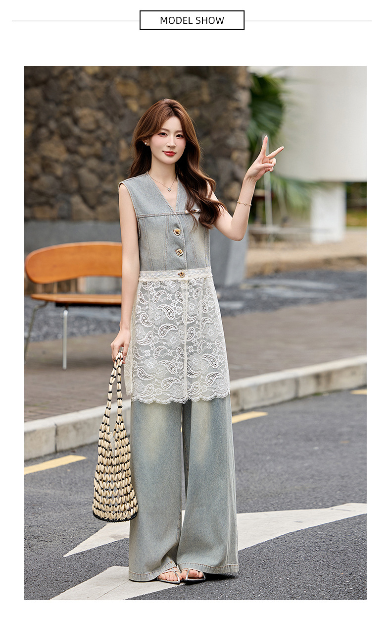 Bộ quần áo denim nữ gồm áo vest không tay và quần ống rộng AH8620 — Màu ảnh chi tiết 9