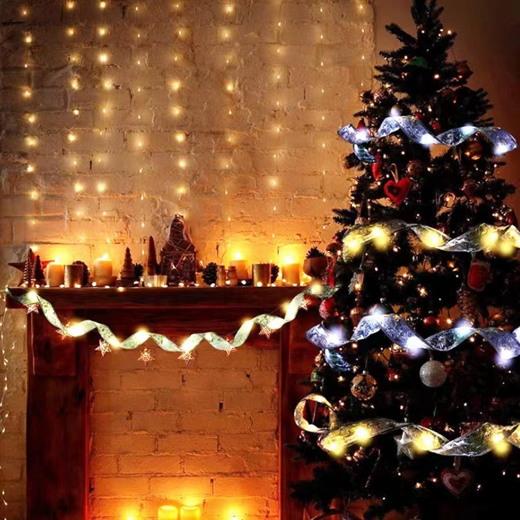 Christmas LED ribbon lights, golden/silver silk, 3.8/5 cm, 1–10 m, battery or remote power options