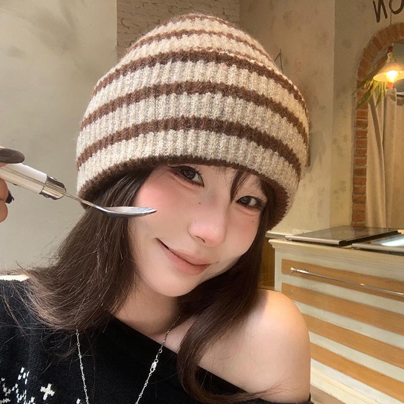 复古撞色条纹针织毛线帽子女冬季加厚保暖护耳时尚街头大头围冷帽|undefined