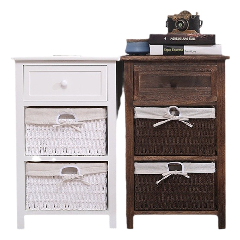Cross-border Rattan Wooden Storage Cabinet Fabric Storage Cabinet Pastoral Bedside Cabinet Creative Retail Sundries Drawer Storage Cabinet