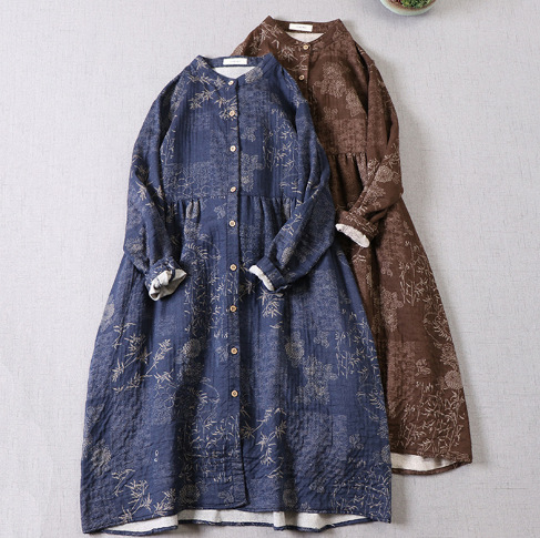 Autumn New Chinese Style Printed Cotton Yarn dress Loose plus size Mori Girl's Long Sleeve Cardigan with stand collar