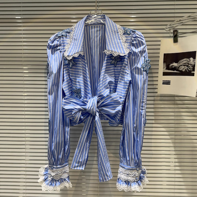 2025 New Autum Style French Style Lace Edge Bow Tie Vertical Stripesd Shirt