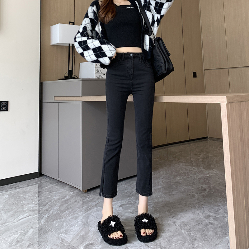 黑色开叉烟管牛仔裤女2023夏季薄款高腰显瘦八分小个子穿搭直筒裤