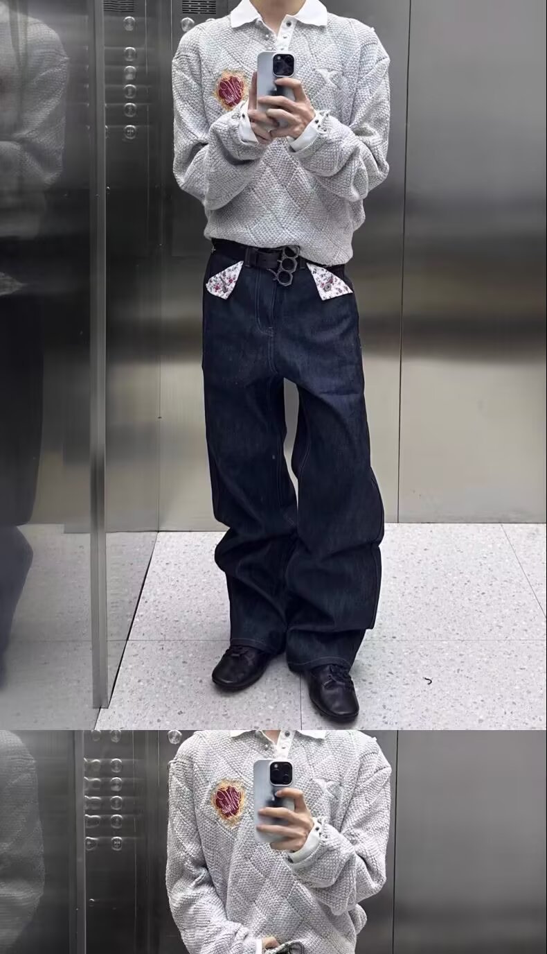 Herren Jeans Mit Blumenmuster Im Retro Style Weite Denim Hose_voghion.com