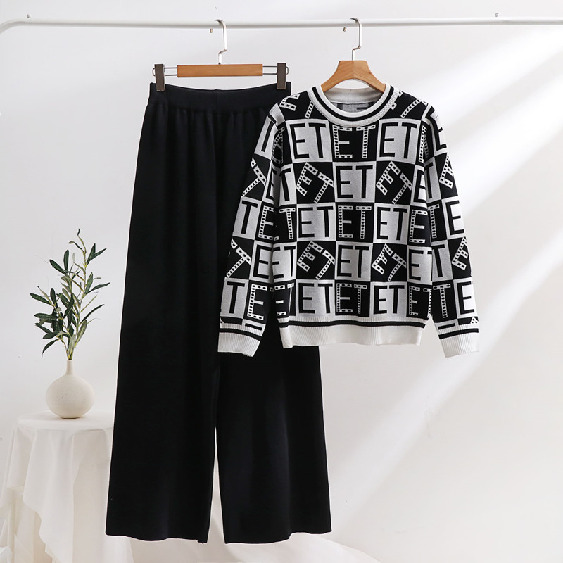Women's Clothing round neck loose jacquard slim long sleeve sweater high waist wide leg pants knitted two piece suit_voghion.com