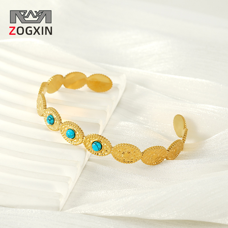Nuevo acero de titanio azul turquesa transfronterizo ligero lujoso diseño de moda geometría de oro 18K simple pulsera de apertura en forma de C para mujeres