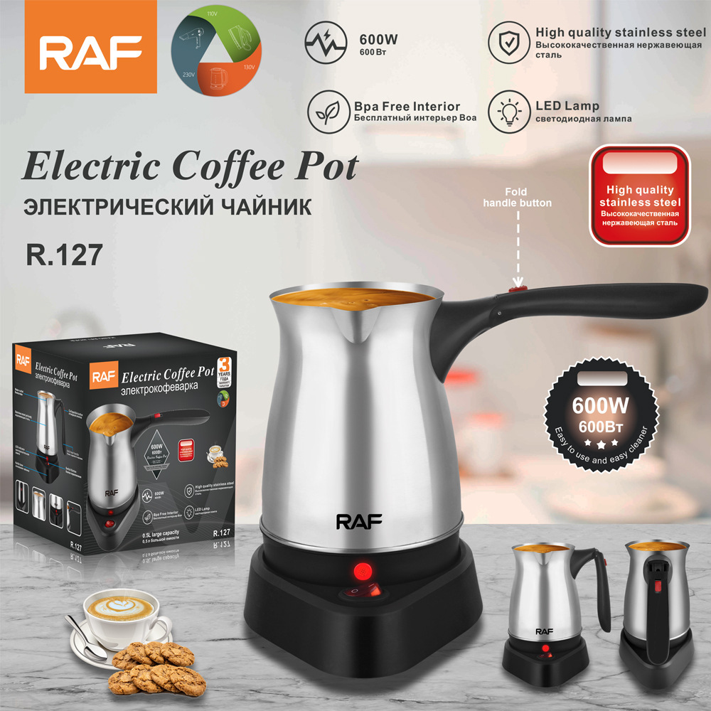 RAF Euro transfronterizo cafetera turca con mango de acero inoxidable calentador eléctrico cafetera de agua caliente 500ml
