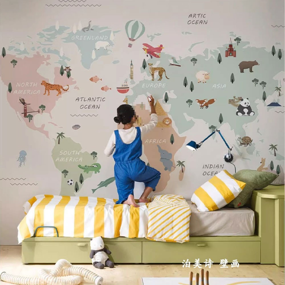 卡通世界地图儿童房墙纸沙发背景墙壁画北欧卧室客厅壁纸墙布