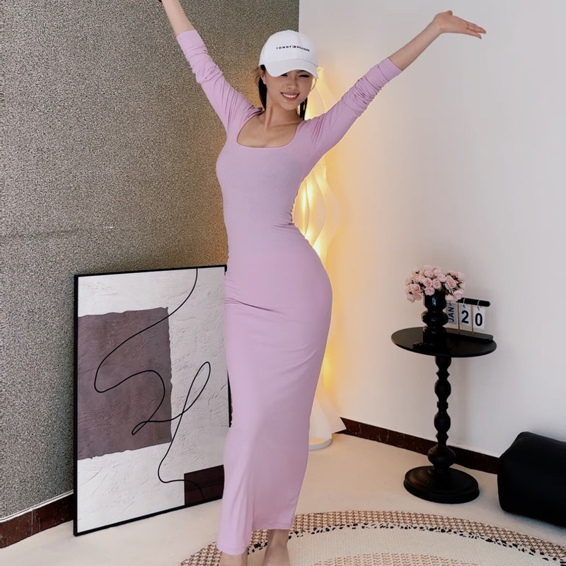 Kim Kardashian's New Soft Lounge Series Square Neck Long-Sleeve Dress in Ribbed Modal Kim Kardashian's New Soft Lounge Series Square Neck Long-Sleeve Dress in Ribbed Modal