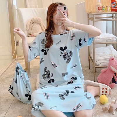 Camisón de las mujeres pijamas de verano Mediados de falda estilo princesa coreana fresca dulce suelta manga corta más tamaño vestido de una pieza con bolsa de tela