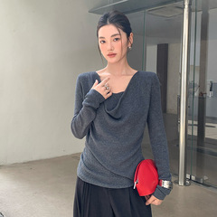 FONE简禾气质荡领长袖针织衫女2025秋季假两件洋气灰色毛衣22027