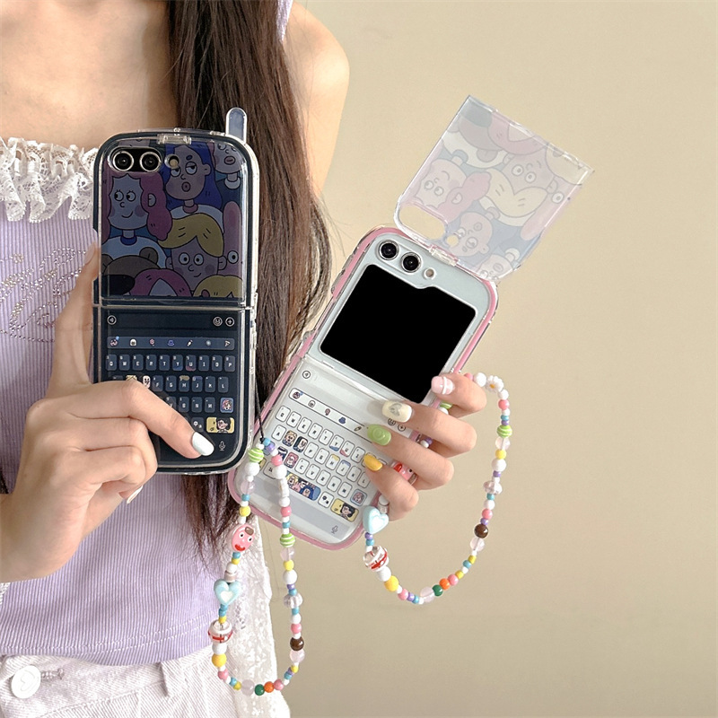 Korean-Style Cartoon Keyboard Suitable for Galaxy Z Flip 7/6/4 Phone Case Samsung 5Th Generation Folding Protective Cover Bracelet