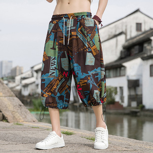 Chinese style summer Chinese tide brand men's seven thin breathable casual wide leg Harlan pants a generation of hair