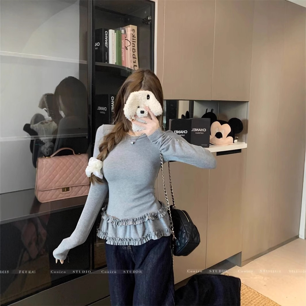 【工厂现货】芭蕾风花边T恤2025春季新款修身显瘦内搭打底上衣女