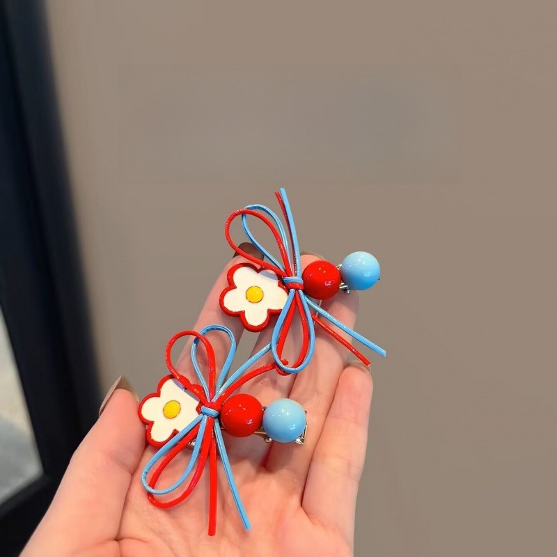 Korean Dongdaemun Sweet Red And Blue Color-Block Flower Bow Bangs Clip For Girls Tie Hairpin Hair Accessory_voghion.com