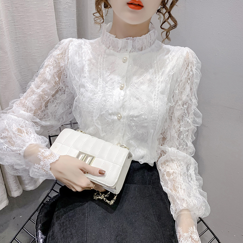 女性のための長袖シフォンレースシャツ 2025 春の新ファッションスリムフィットトップレーススタンドカラーボトリングシャツトレンディ|undefined