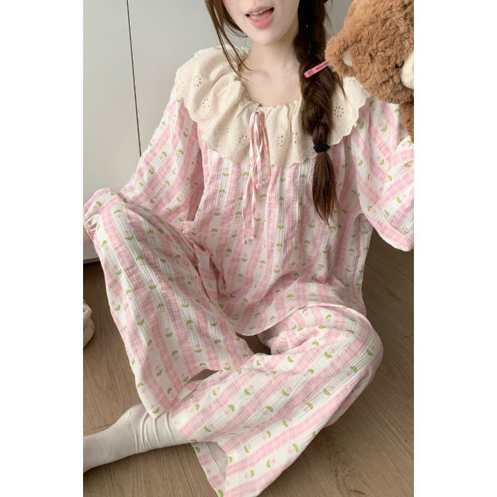 春秋天新款睡衣女长袖宽松慵懒云朵棉家居服花边学生甜美套装跨境|undefined