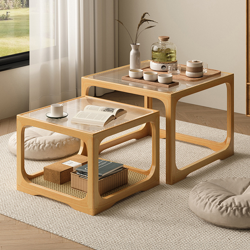 Mesa de centro, apartamento pequeño, sala de estar, hogar, balcón de estilo japonés, mesa de té pequeña, combinación cuadrada de mesa lateral de madera maciza de ratán simple moderno
