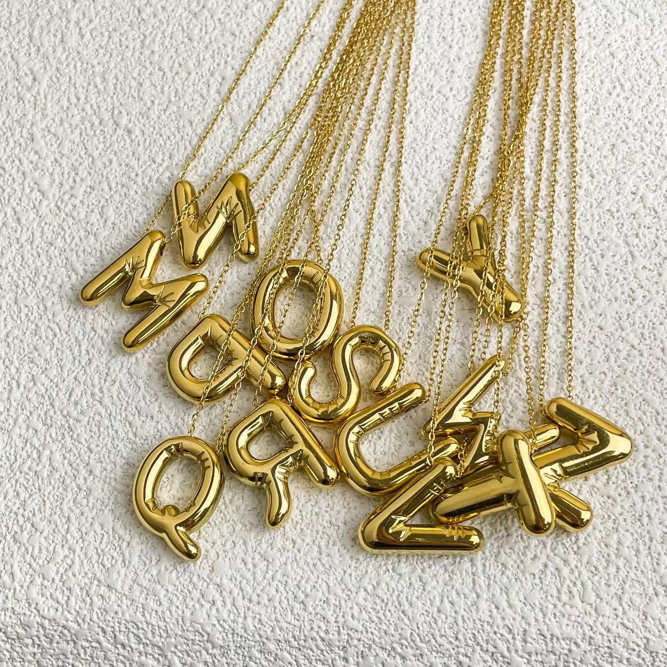 18K Gold Plated Plating Material Titanium Steel Pendant Material Fashion Balloon Letter Necklace Titanium Steel 26 English Letter Necklace 3D Three-Dimensional Gold Plating Non-Fading