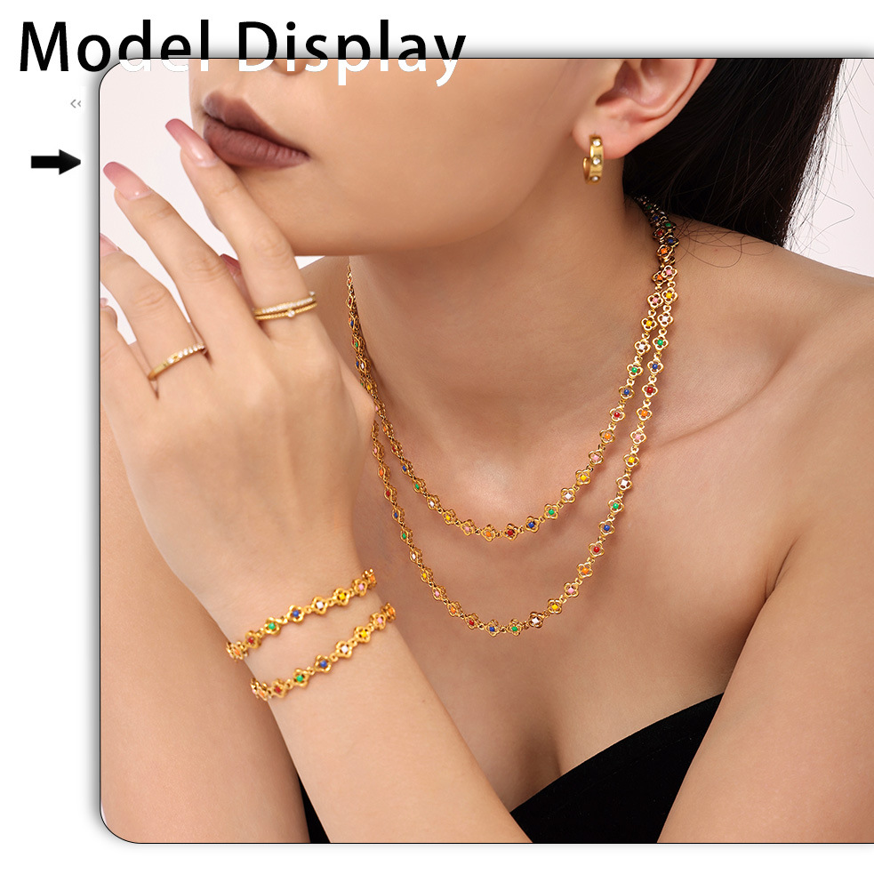Set Collier Et Bracelet Motif Fleur En Acier Inoxydable_voghion.com