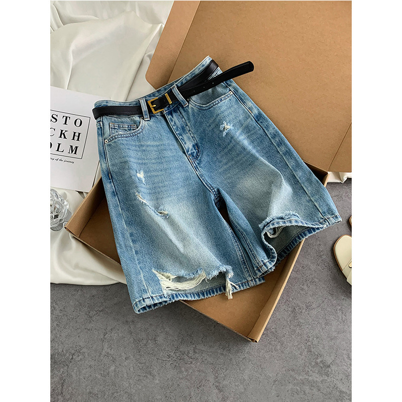 European-style vintage ripped denim shorts for women, 2026 summer high-waisted loose slimming casual straight mid-length pants European-style vintage ripped denim shorts for women, 2026 summer high-waisted loose slimming casual straight mid-length pants