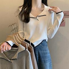 polo领套头针织打底衫女2025秋季新款长袖t恤毛衣秋装上衣春秋款