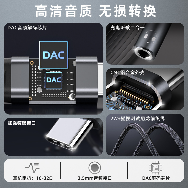 Apple 16 オーディオ ケーブル DAC デコーダ チップ cx31993 に適したクロスボーダー typec - 3.5 ヘッドフォン アダプター
