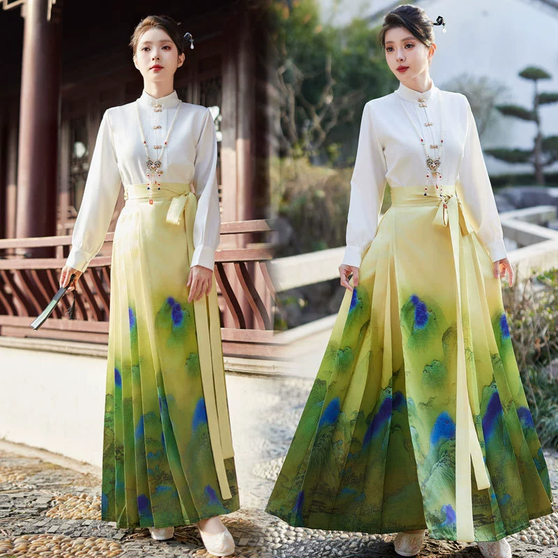 Новый китайский древний костюм в национальном стиле Qianli Jiangshan с изображением конского лица, юбка, костюм, повседневная рабочая одежда, улучшенная династия Мин, династия хань