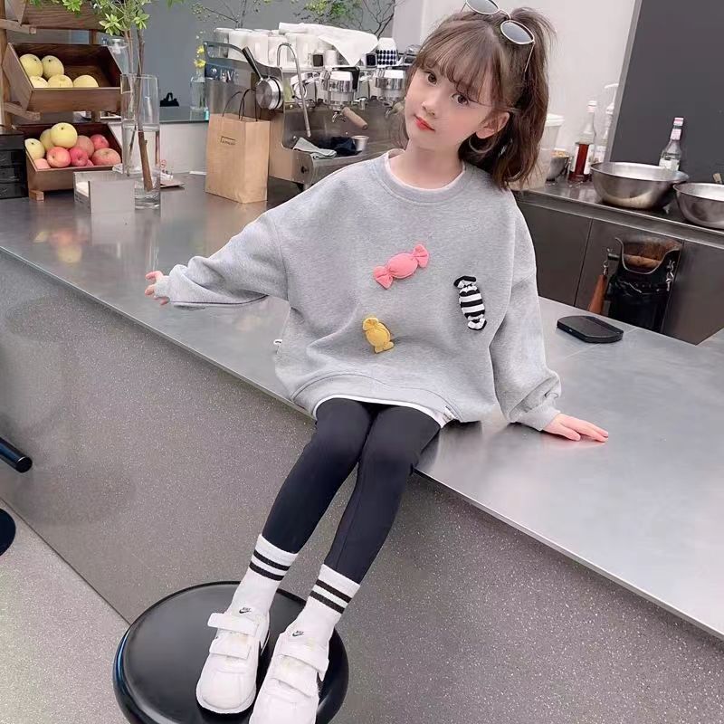 休闲卫衣春秋款洋气中小童休闲糖果立体小女孩宽松百搭假两件上衣