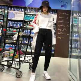 大口袋工装裤宽松bf束脚潮小个子哈伦裤黑色裤子男女韩版直筒裤