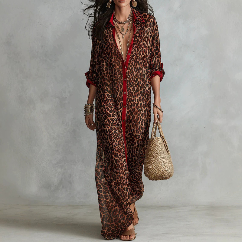 Cross-border European and American 2026 new leopard print shirt dress, long-sleeved side slit vacation sun protection cover-up long shirt dress