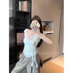 2toyoung パウダーベリー アプリコットティー スイングカラーリボンフラワー 半袖Tシャツ レディース 夏 ウエストプリーツベスト 斜め肩トップス