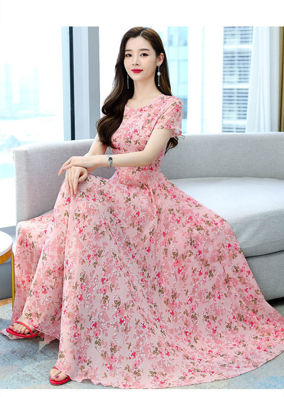 时尚圆领百搭短袖连衣裙女2025年夏季新款气质收腰显瘦沙滩长裙子|undefined