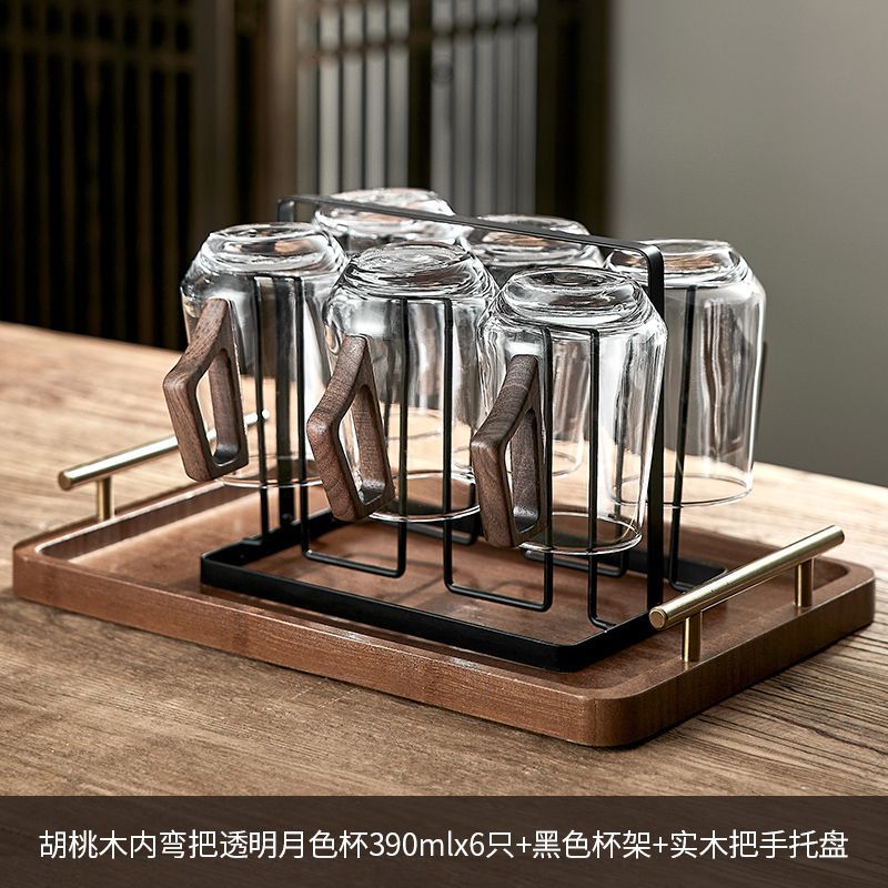 [8종 세트] 내부 곡선 손잡이 투명 역컵 + 컵홀더 + 원목 트레이