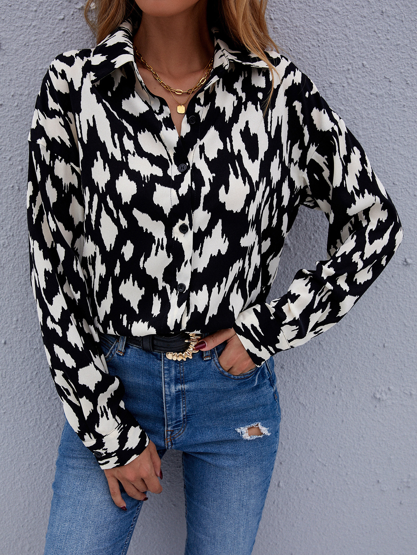 women s printing long-sleeved casual loose chiffon shirt nihaostyles clothing wholesale NSJM73555