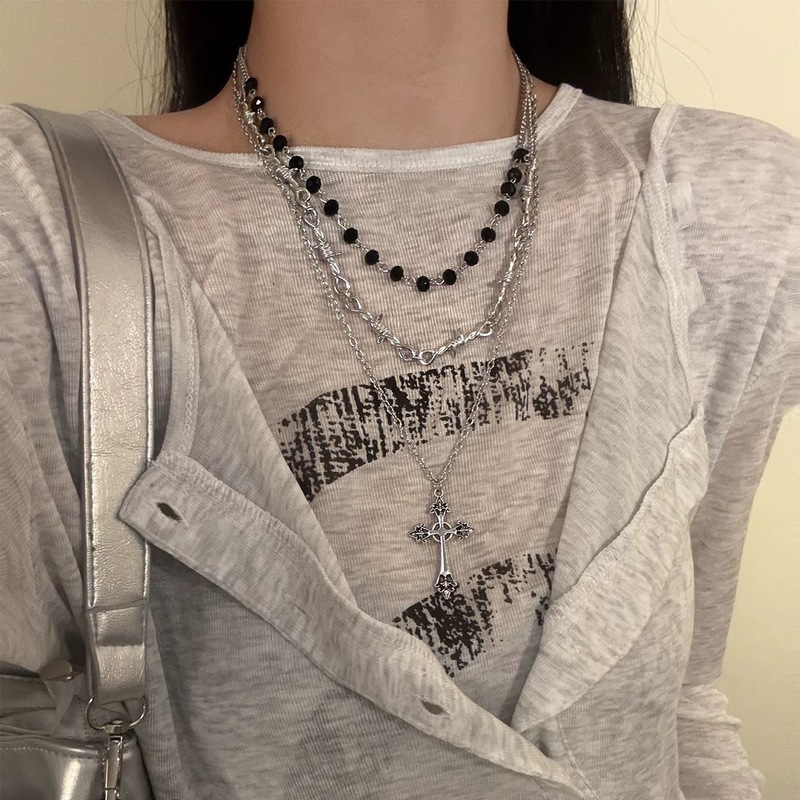 Y2K哥特叠戴项链十字吊坠甜酷辣妹锁骨颈链亚文化少女长款毛衣链|undefined