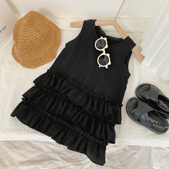 新款小黑裙女童連衣裙垂墜清涼小眾氣質無袖花邊裙背心連衣裙0099