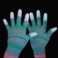 Nylon striped PU coated finger gloves anti-static colored coating dust-free operation 13 needle coating gloves labor protection manufacturer 