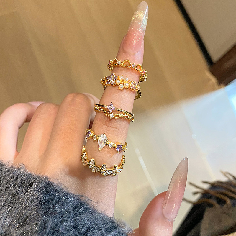 仙氣輕奢氣質水滴彩鑽開口戒指女小眾冷淡風愛心素圈食指戒飾品