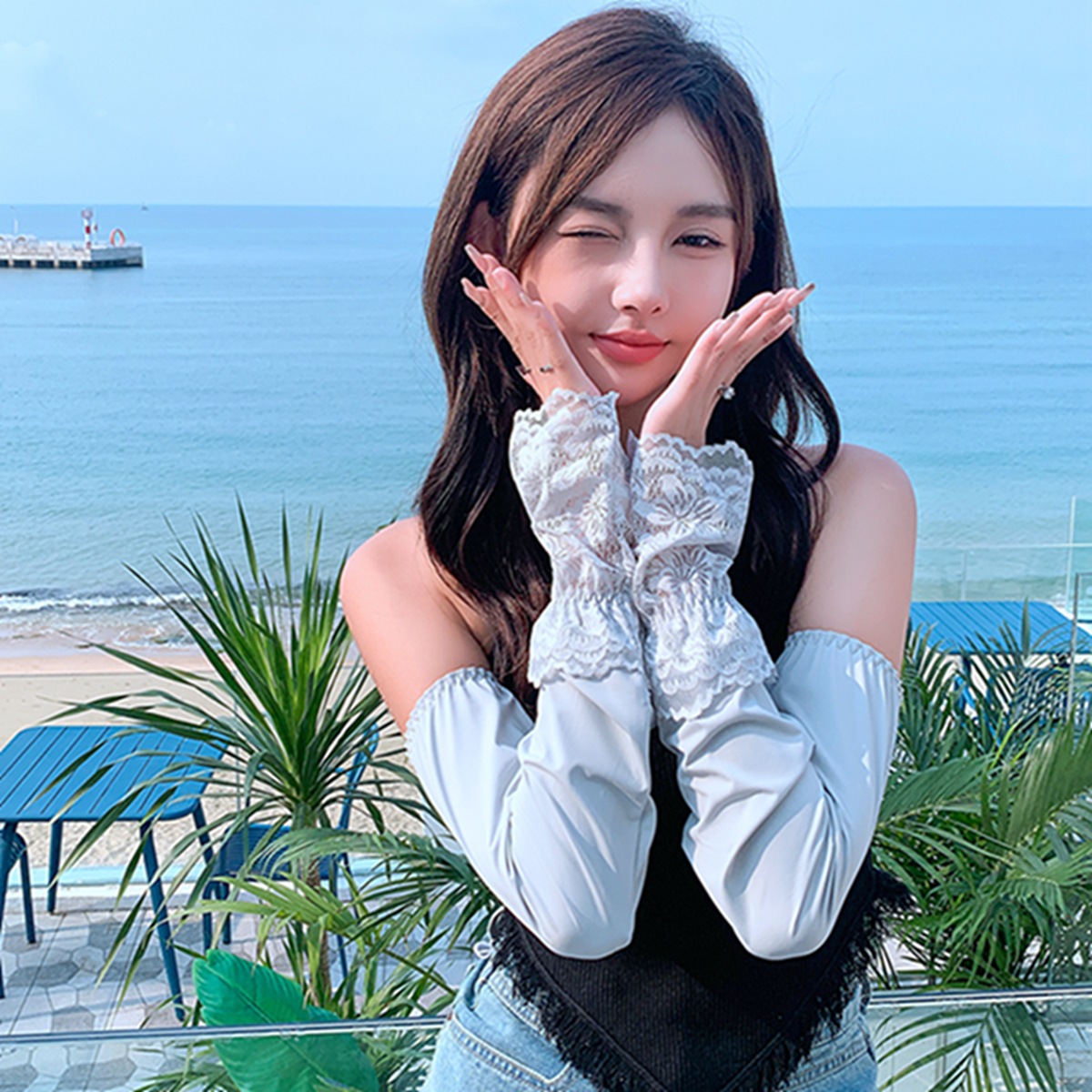 夏季新款防曬袖套錦綸冰袖寬鬆蕾絲防曬護臂手套開車旅行戶外防曬