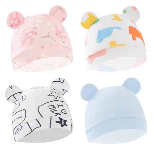 Foreign Trade European and American Newborn Baby Hat Cartoon Printed Double-Ear Infant Cap 0-3 Months Baby Hat 8320