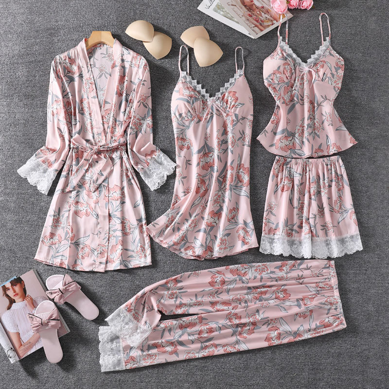 睡衣女春夏季冰丝长袖吊带睡袍性感印花宽松舒适带胸垫家居服套装|ru