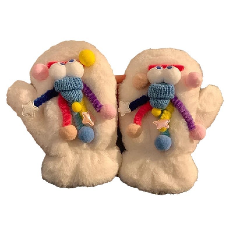 Plush warm winter plus plush funny female gloves for students, thick furry and cute outdoor cold protection cartoon_maomaolike.com