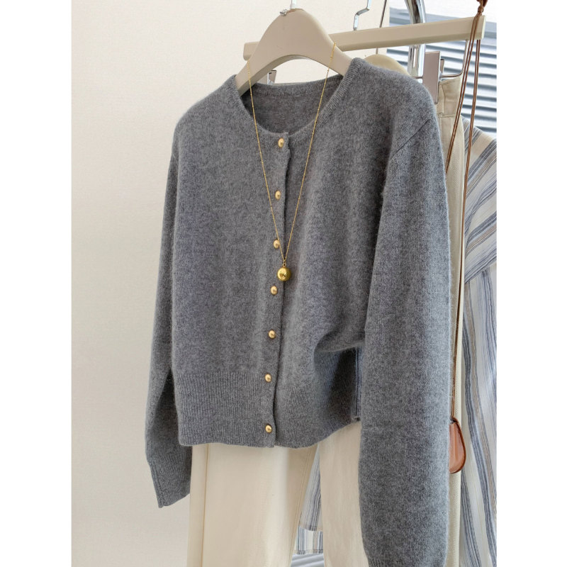 Elegant Simple Loose Short 100 Pure Wool Knitted Cardigan Women's Autumn and Winter Round Neck Cashmere Jacket Slimming Outer Wear