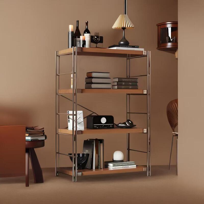 Japanese-Style Steel-Wood Storage Rack Bookshelf Floor-Standing Multi-Layer Living Room Balcony Storage Rack Kitchen Microwave Storage Organizer