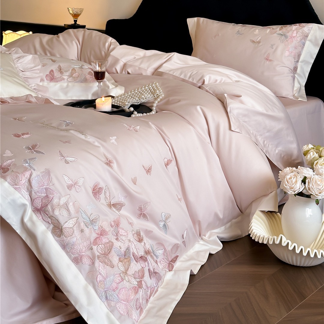 Girly Fresh Style 100% Embroidered Bedding Set, High-End Pure Cotton Long-Staple Cotton Four-Piece Home Textile Set, Butterfly Dance and Flower Language